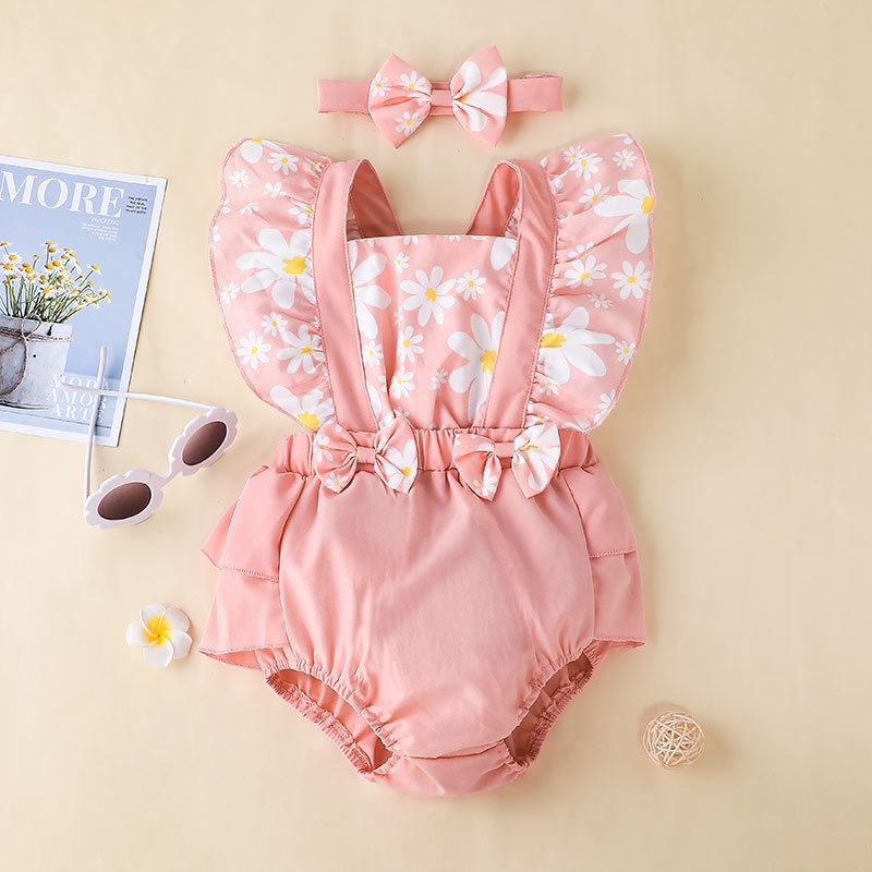 Body Tay Ngắn Cho Bé Gái Sơ Sinh 0-24 Tháng,Bodysuit Liền Thân Màu Hồng Kèm Băng Đô Áo Liền Quần Cho Bé trẻ em