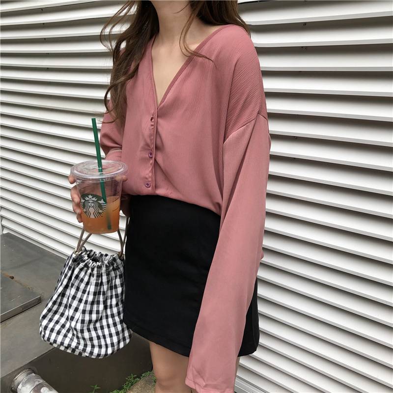 Áo Sơ Mi Dáng Rộng Màu Trơn Cổ V Gợi Cảm Quyến Rũ Thời Trang Hàn Quốc