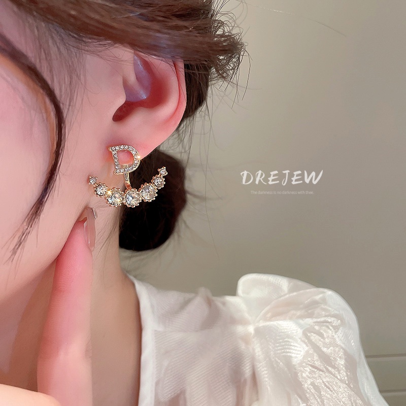 DREJEW Khuyên tai mạ bạc đính kim cương chữ phong cách Hàn Quốc thời trang cao cấp