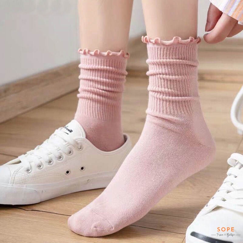 Tất vớ cổ cao nhún bèo phong cách Vintage chất liệu vải Hàn co giãn bốn chiều - Sope shop