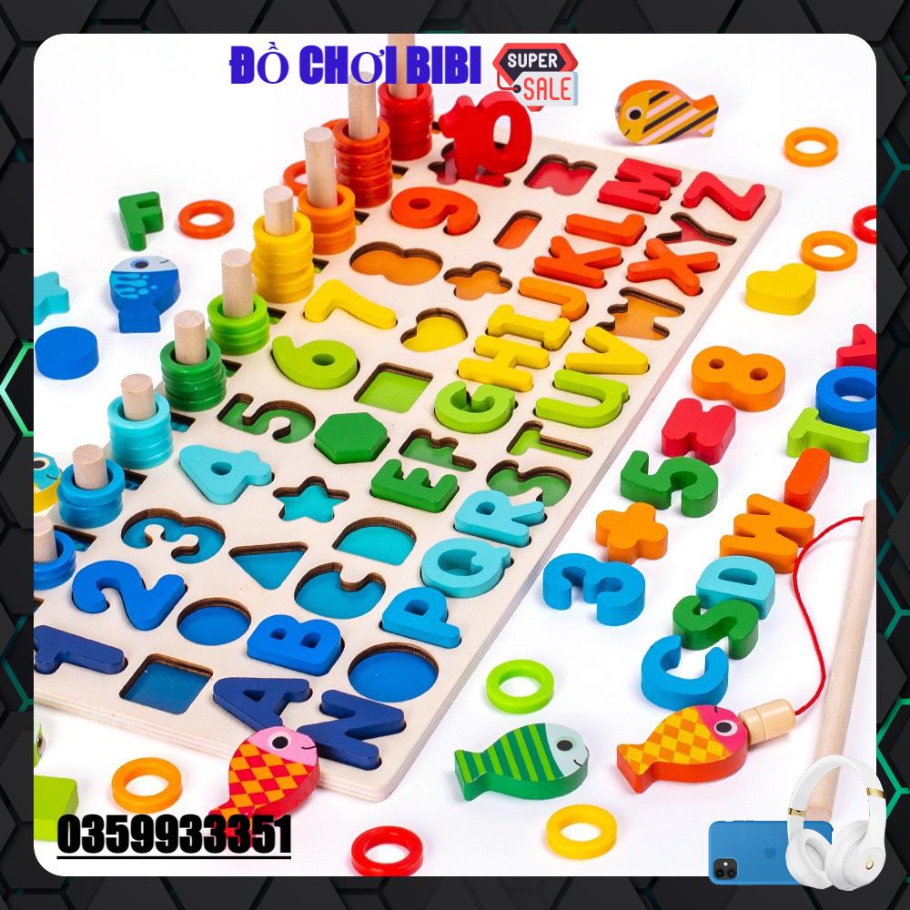 Bộ đồ chơi xếp chữ câu cá gỗ đa năng 6in1 ghép bảng số, chữ cái, hình khối, phương tiện giao thông