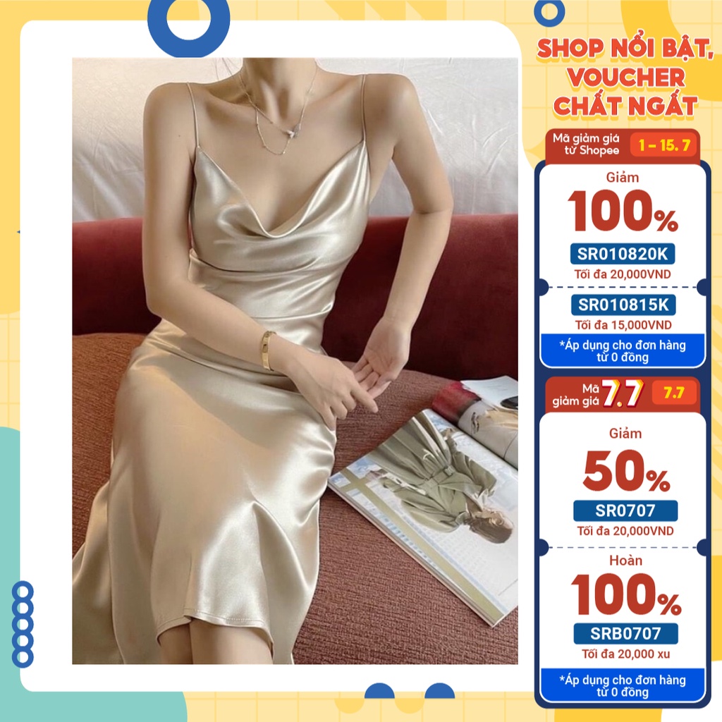 Đầm lụa cổ đổ hai dây cao cấp - Váy dự tiệc sang chảnh cổ đổ
