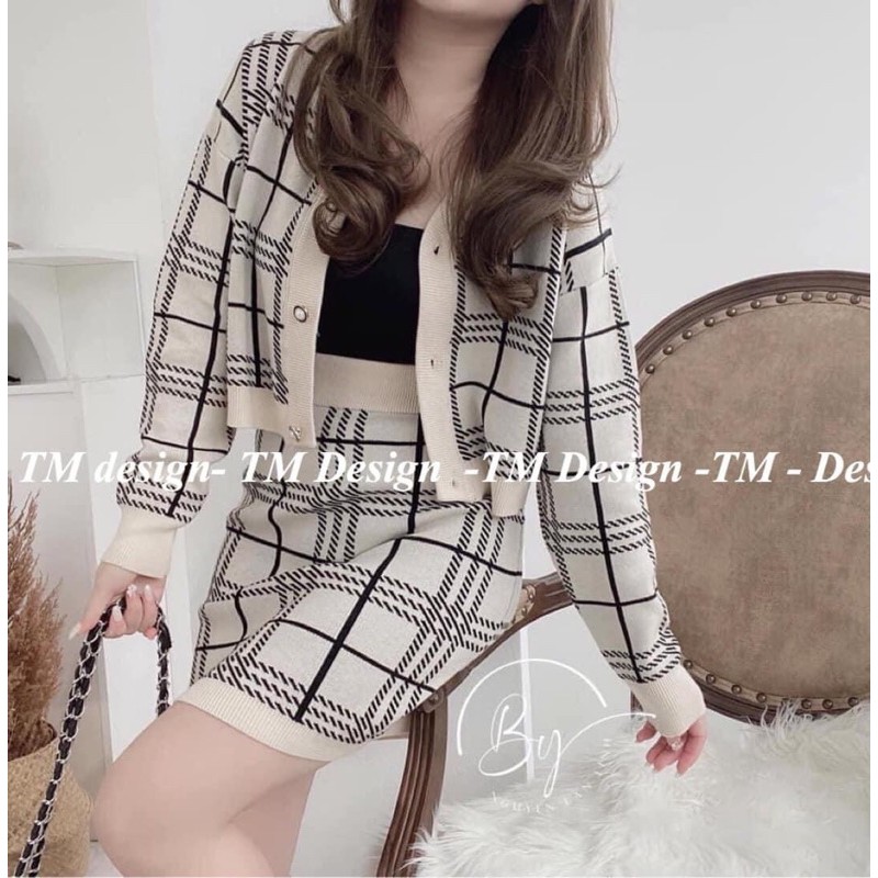 SET NỮ ÁO CARDIGAN KẺ ĐEN CÀI CÚC MIX CHÂN VÁY CHẤT DÀY DẶN ĐẸP BÁN SHOP