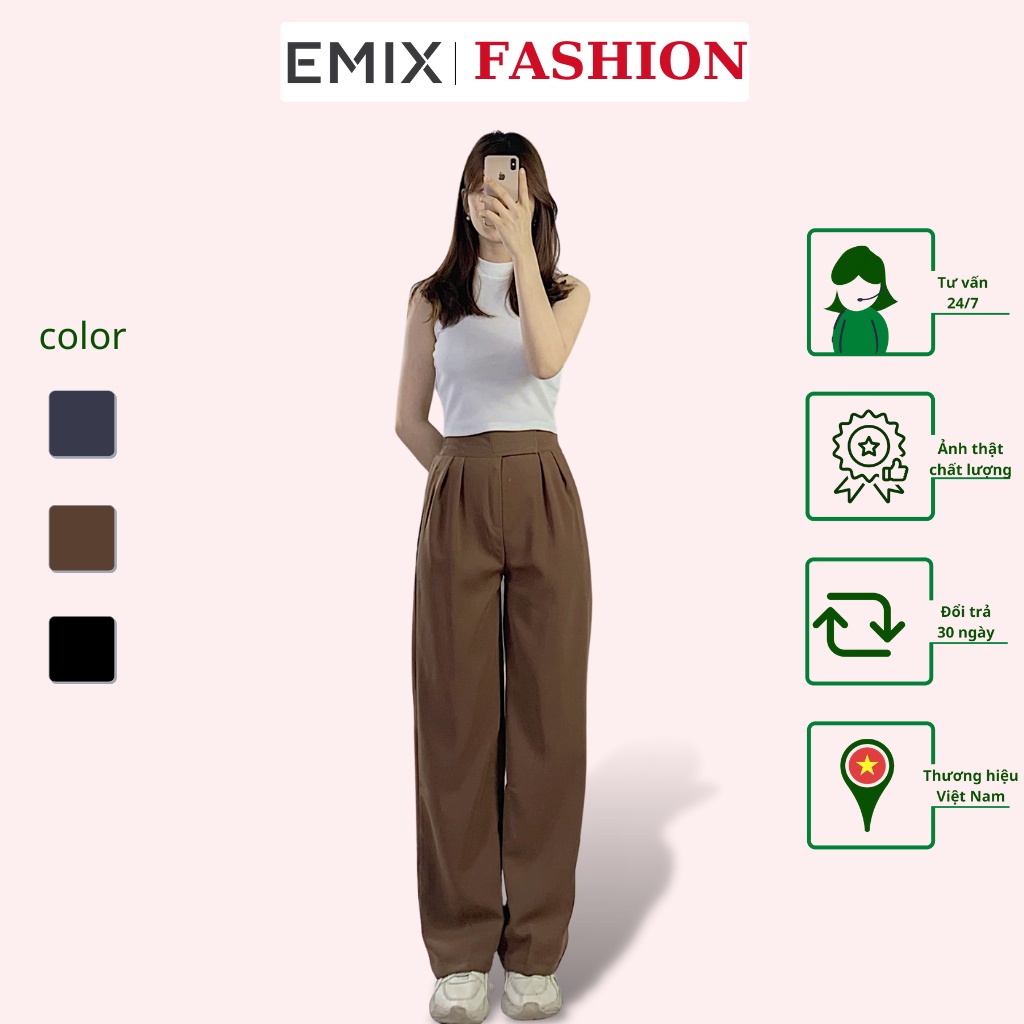 Quần tây nữ lưng chun EMIX (3 màu), công sở, cạp cao, dáng dài, cạp dán, chun sau, ống suông, rộng, chất trượt Hàn 002