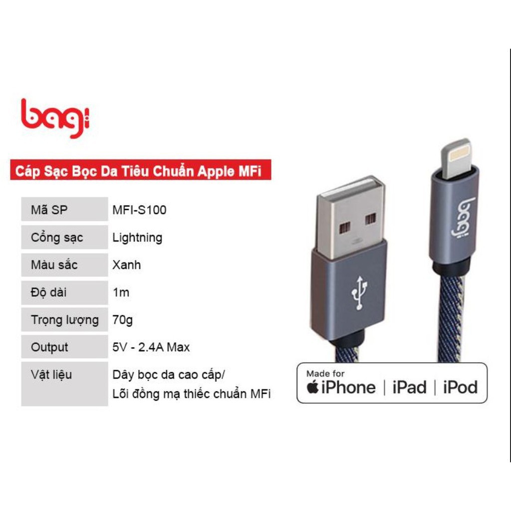 Dây cáp Lightning bọc da tiêu chuẩn MFI Bagi MFI-S100 chính hãng cho Iphone dài 1m