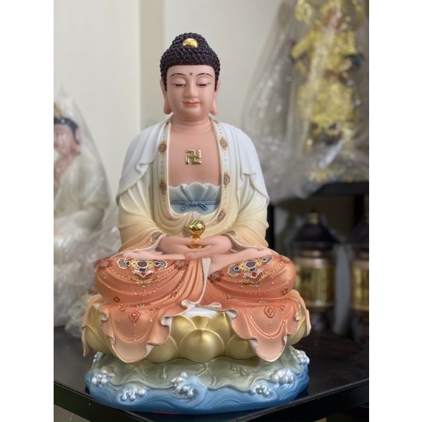 Tượng Phật A di Đà bột dá áo gấm màu cam cao 50cm
