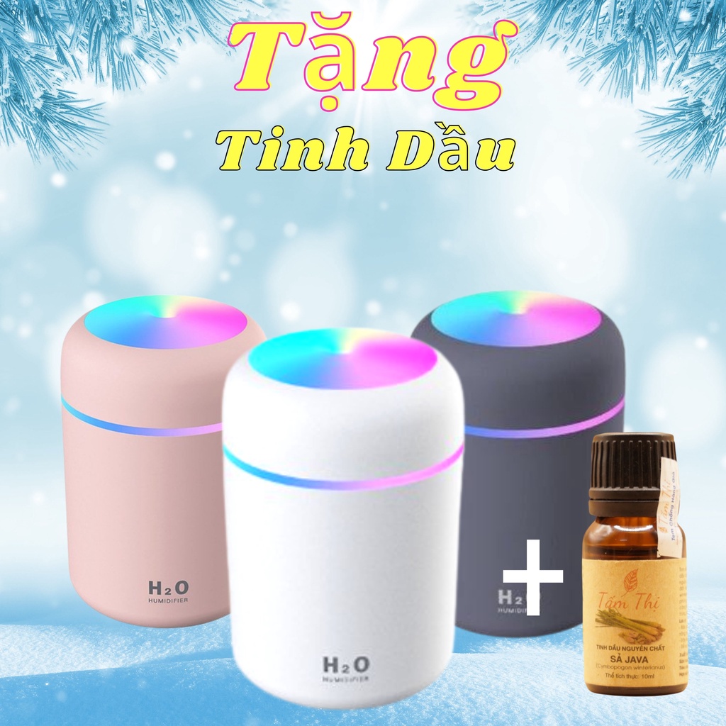 Máy Xông Tinh Dầu H2O Hình Trụ Phun Sương Tạo Ẩm Khuếch Tán Tinh Dầu  Làm Thơm Cho Phòng Ngủ &amp; Trên Xe oto Đèn Led 7 Màu