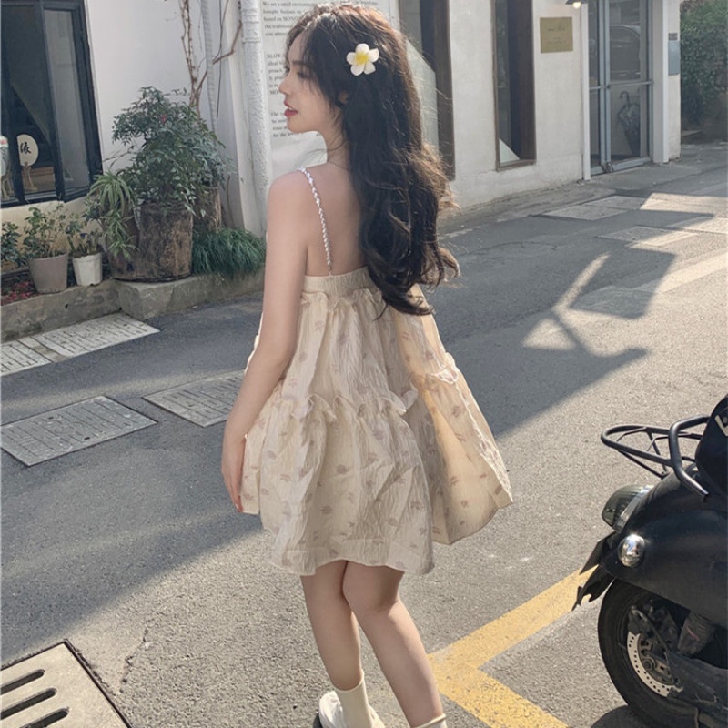 Đầm Sát Nách In Hoa Đính Ngọc Trai Giả Dễ Thương Thời Trang Mùa Hè Cho Nữ