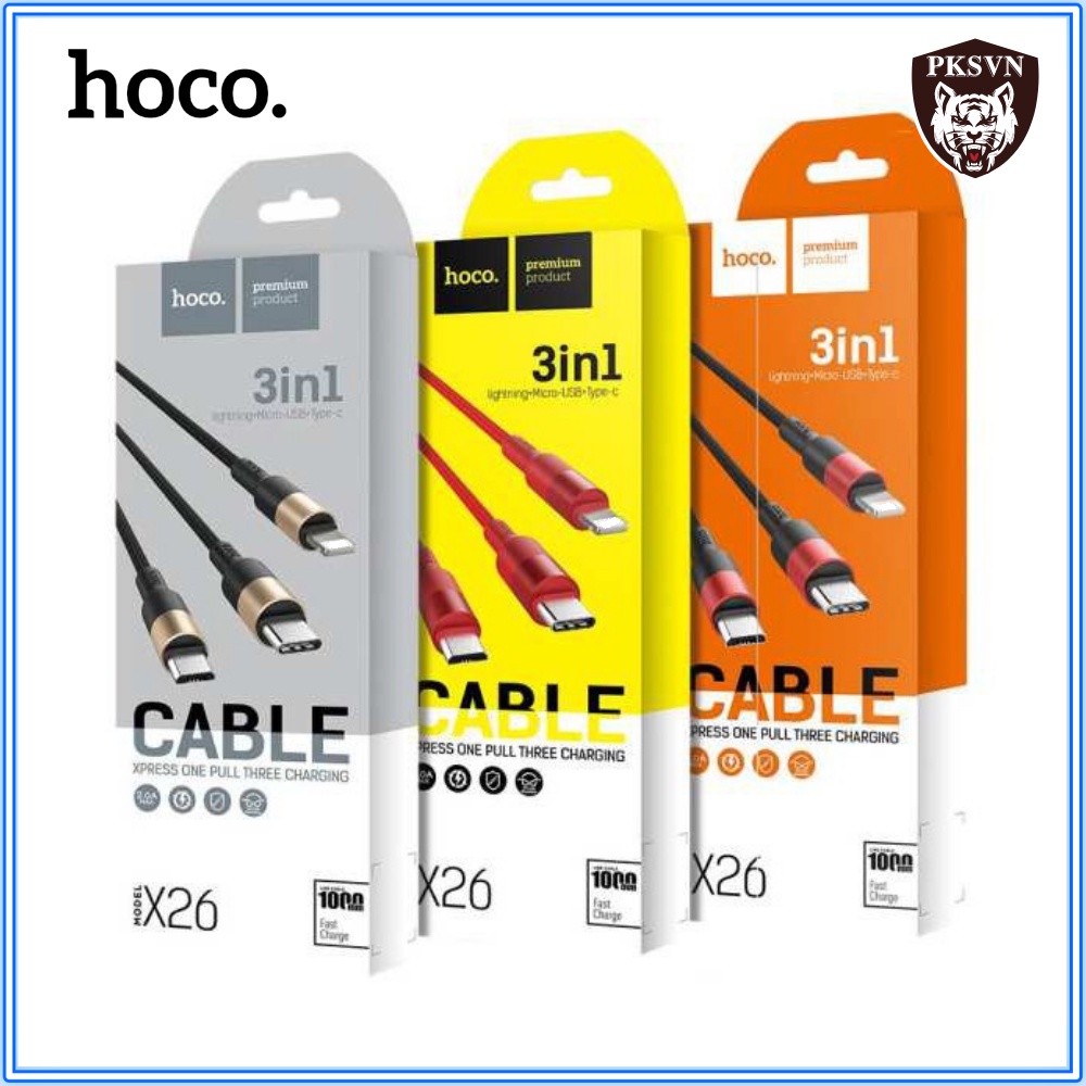 Cáp Sạc 3 Đầu Hoco X26 Cho ip/Micro USB/Type C-Dây Sạc Đa Năng Dây Dù Chống Đứt Dài 1M-Bảo Hành 12T
