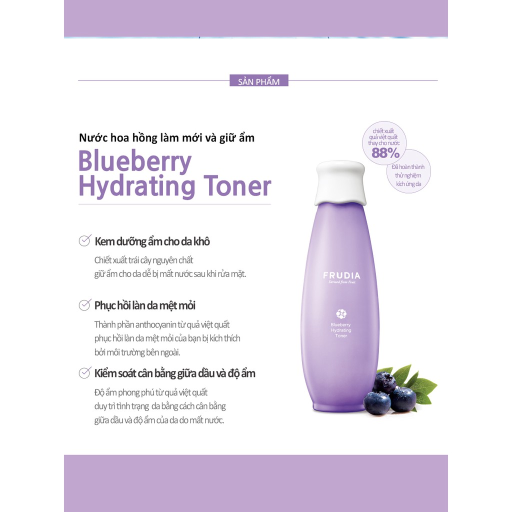 [Tặng 88k] Nước Hoa Hồng Dưỡng Ẩm Dành Cho Da Khô Từ Việt Quất Frudia Blueberry Hydrating Toner 195ml