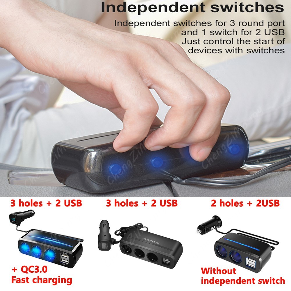 Củ Sạc Nhanh 3.1A Thông Minh Có 2 Cổng USB + 3 Ổ Cắm Có Màn Hình Hiển Thị Điện Áp Riêng Biệt Cho Xe Hơi