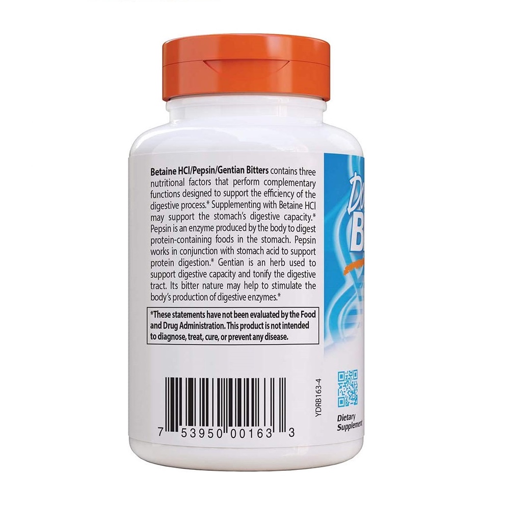 Doctor's Best Betaine HCI Pepsin And Gentian Bitters - Viên uống hỗ trợ tiêu hóa và hấp thụ protein 120 viên