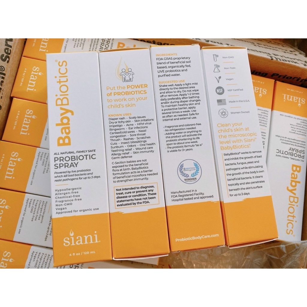 Xịt khuẩn dạng men vi sinh Siani BabyBiotics 120ml cho bé từ sơ sinh chuẩn Mỹ an toàn cho mắt, mũi, miệng
