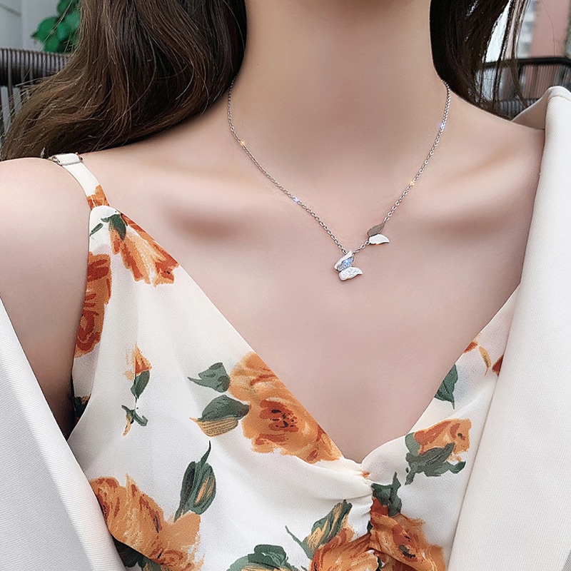 Vòng cổ Hai Lớp Họa Tiết Cánh Bướm Màu Bạc Sang Trọng Đơn Giản Cho Nữ