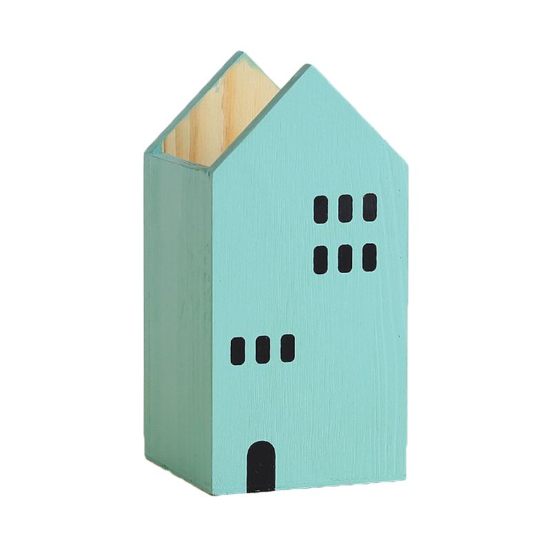 love* House Shape Wooden Pencil Pen Holder Desktop Organizer Container Stationery Pot