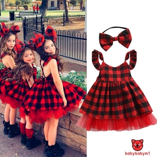 Đầm không tay in họa tiết sọc caro đỏ kèm Băng đô cho dành bé gái