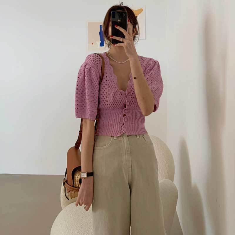 Áo Dệt Kim Tay Phồng Ngắn Cổ Chữ V Thời Trang Mùa Hè Hàn Quốc