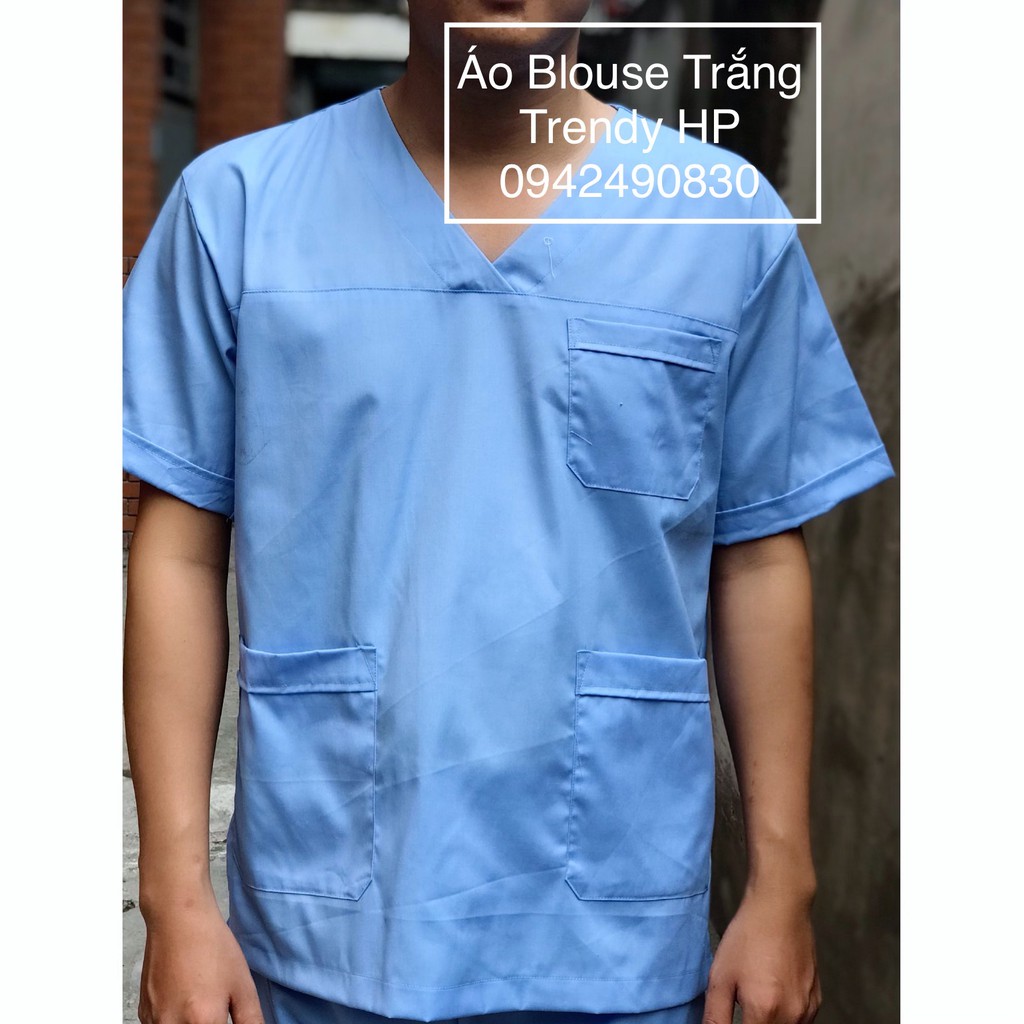 Bộ đồng phục phòng khám, thẩm mỹ viện, spa cổ tim màu xanh dương