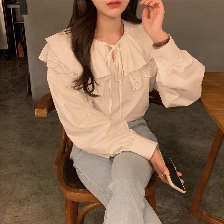 Áo kiểu cổ búp bê viền bèo thời trang ngọt ngào 2021 dành cho nữ