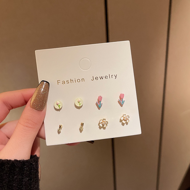 Bộ Khuyên Tai S925 Hình Hoa Tulip Hồng Tím Mini Thời Trang Cho Nữ