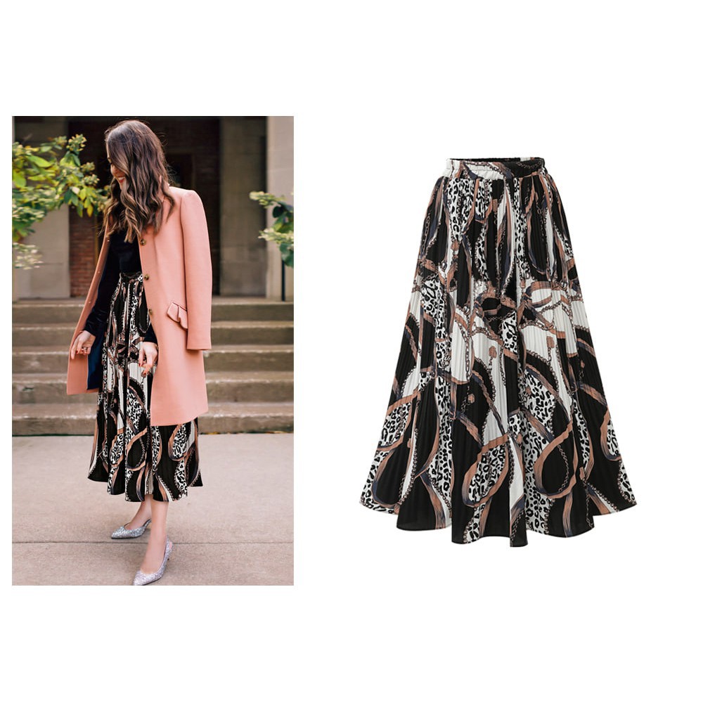High Waist Chiffon Pleated Printed Plus Size A-line Midi Skirt | BigBuy360 - bigbuy360.vn