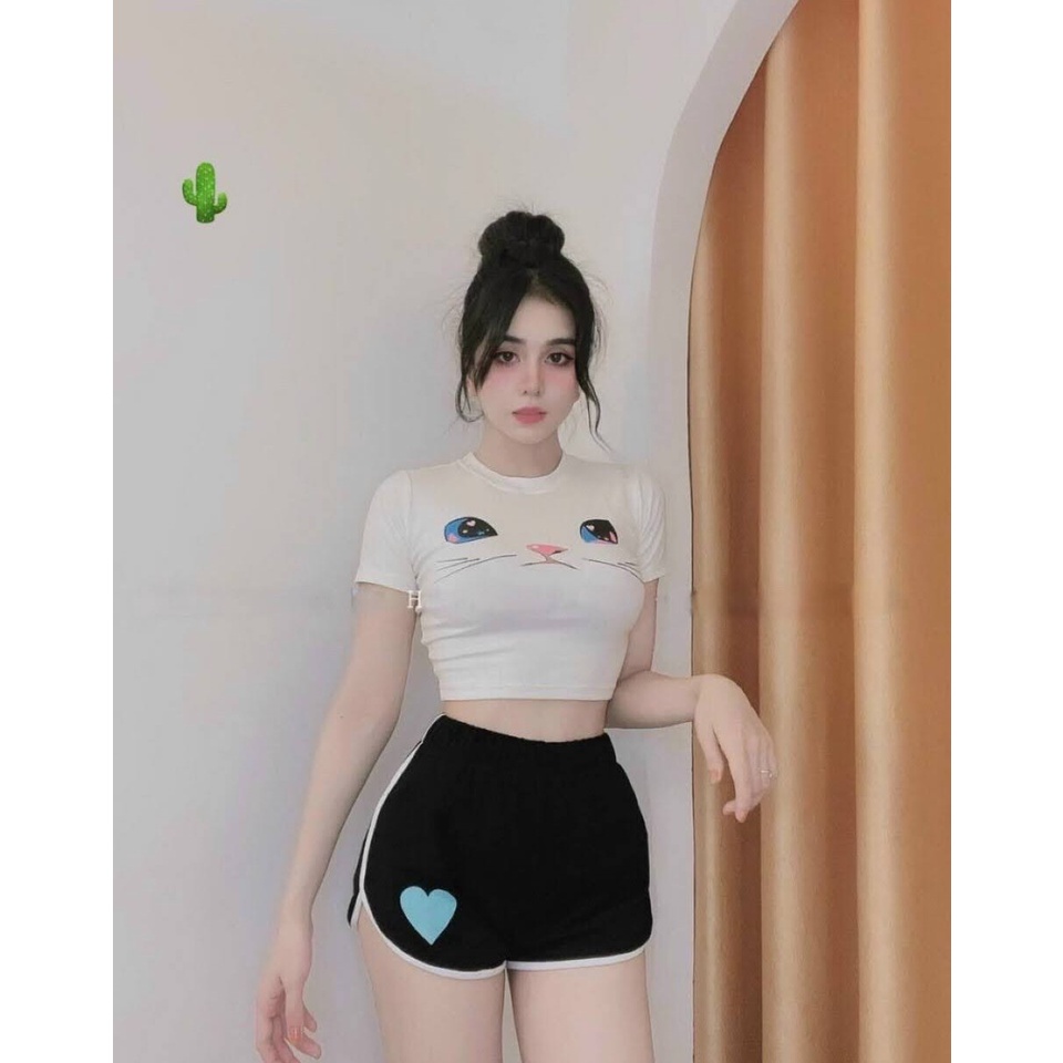 Sét bộ áo croptop in mèo + quần viền chất Borip xịn Cam Kết Hàng Y Hình Kèm Ảnh Thật Chính Chủ ( Size dưới 53kg )