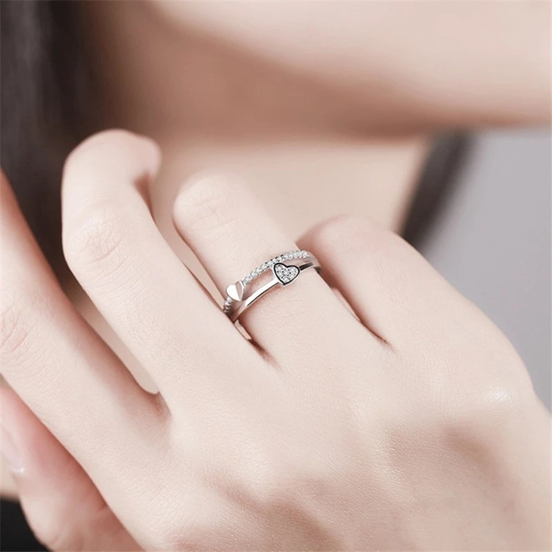 [WHOLESALE] [Women Korean Fashion Double Layer Crystal Heart Open Adjustable Rings ] [ Elegant Ladies Smooth Fine Thin Finger Ring] [Lovely Jewelry Gifts For Girl Friends]