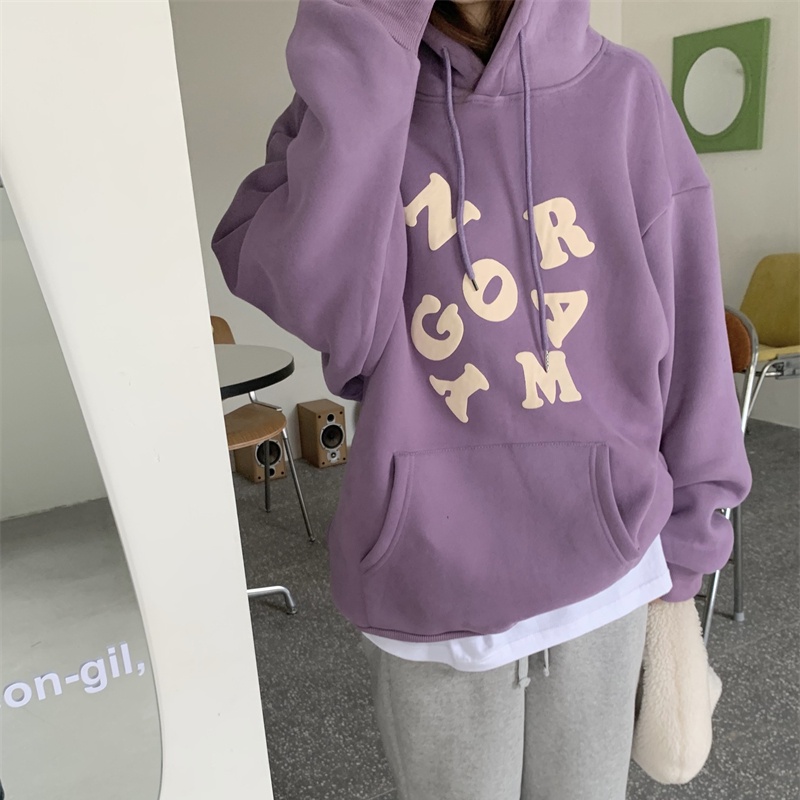 Áo Hoodies Tay Dài Hoạ Tiết Chữ In Phong Cách Hàn Quốc