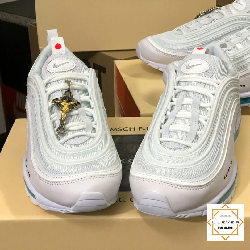 (FULLBOX - TẶNG MÓC KHÓA) Giày thể thao AIR MAX 97 &quot;Jesus shoes&quot; MSCHFx INRI Trắng đế xanh dương