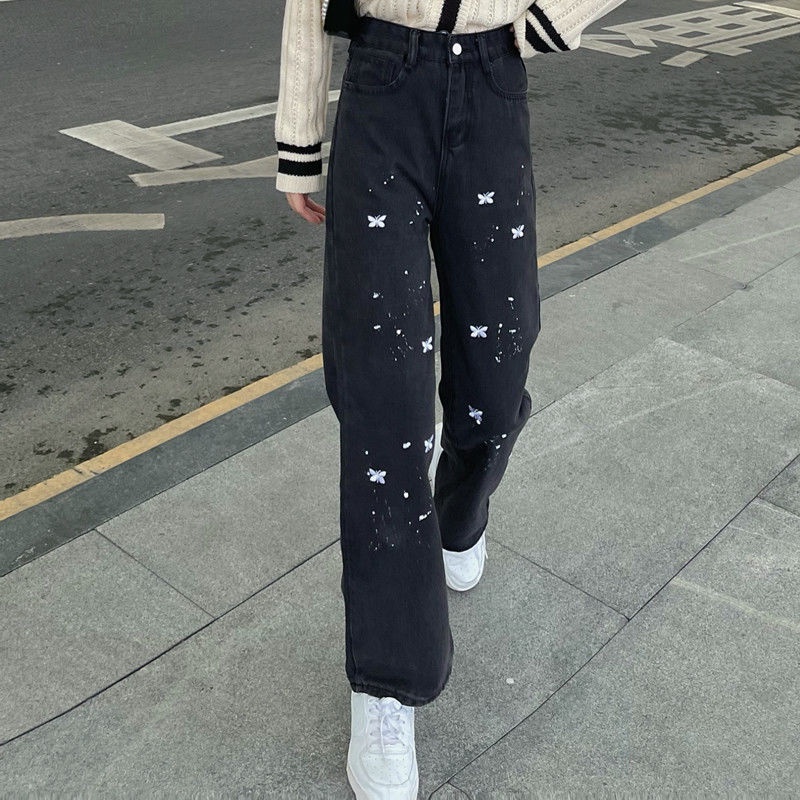 2022 Spring and Autumn new butterfly embroidered splash-ink jeans women's all-match loose high waist straight slimming