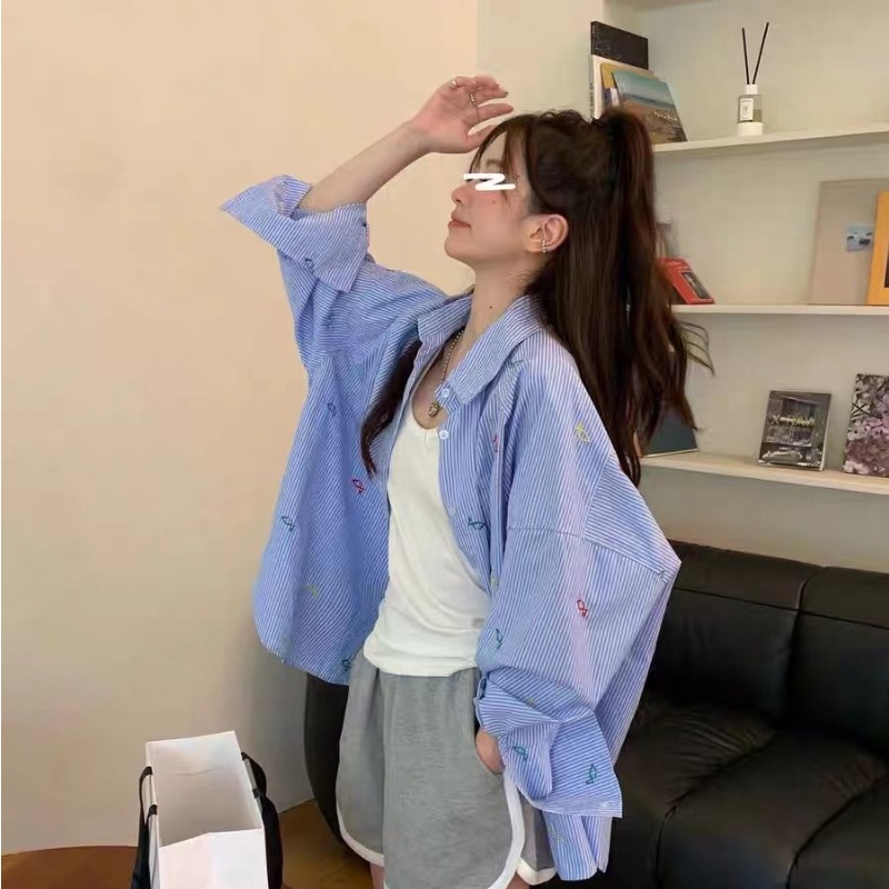 COZOK Áo Sơ Mi Tay Dài Kẻ Sọc Thời Trang retro Dễ Phối Đồ
