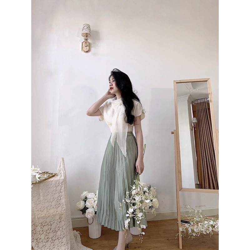 set chân váy xanh mint dập ly + sơmi trắng thắt nơ | BigBuy360 - bigbuy360.vn