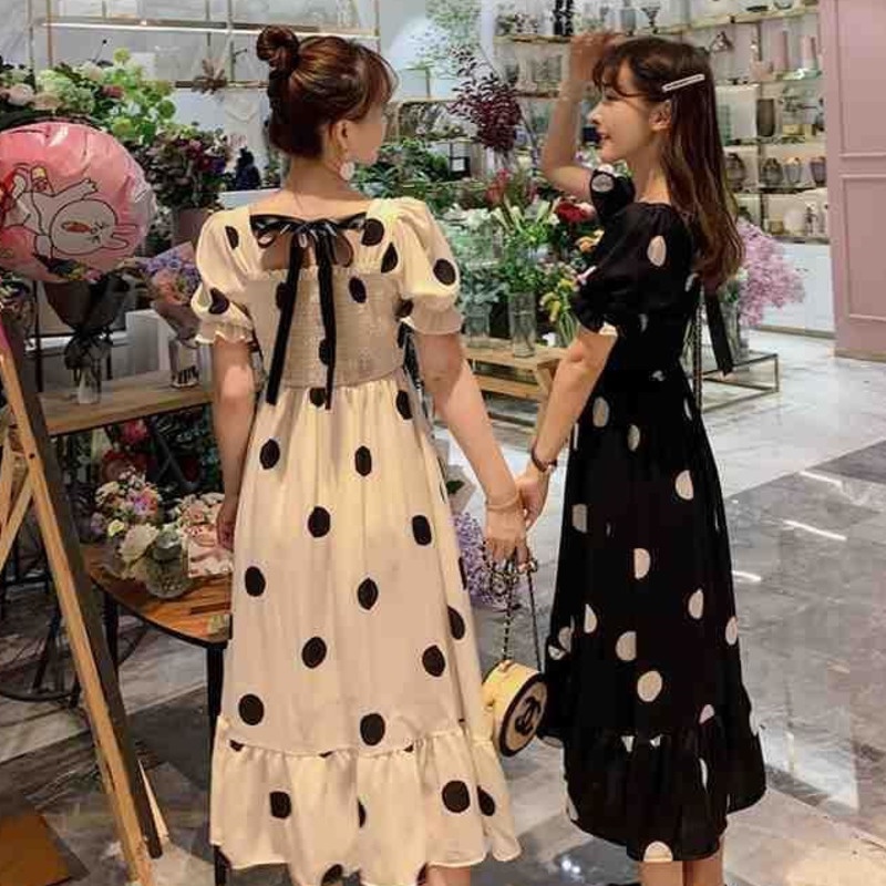 Đầm Tay Ngắn Họa Tiết Chấm Bi Dễ Thương 164182 Đầm Chiffon Dài Qua Gối Cổ Vuông Lưng Cao Thời Trang Cho Nữ