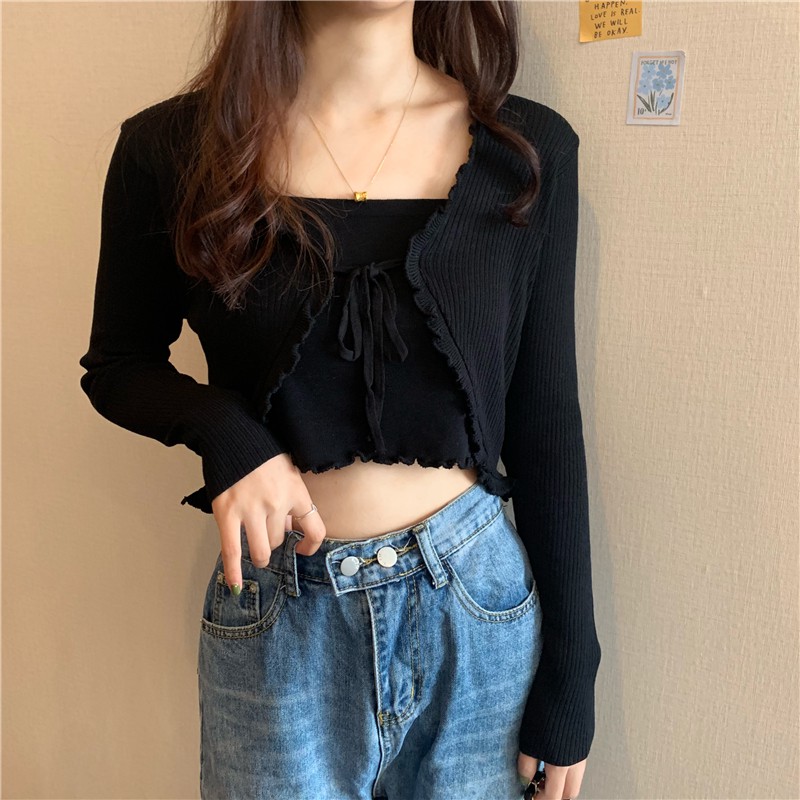 Áo kiểu Lửng nữ Croptop Dài tay Ngọt ngào Ulzzang Hàn Quốc Áo nữ kiểu Cộc Croptop Tay dài Ngọt ngào Thời trang