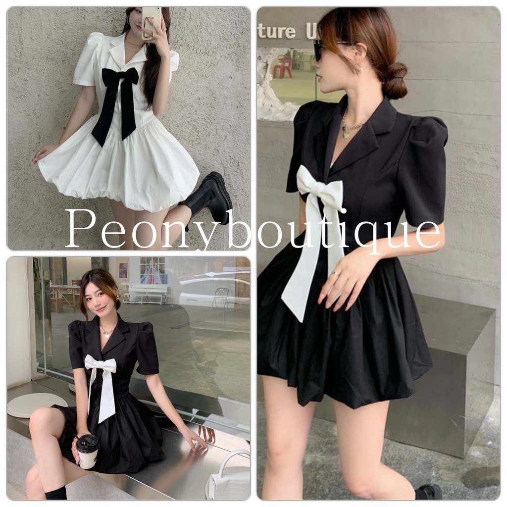 Đầm Phối Nơ Cổ Vest PEONYB Nữ [FREESHIP] 🌸 Váy babydoll đuôi bồng bánh bèo tiểu thư dáng xòe tay lỡ cá tính Ulzzang 🌸 | BigBuy360 - bigbuy360.vn