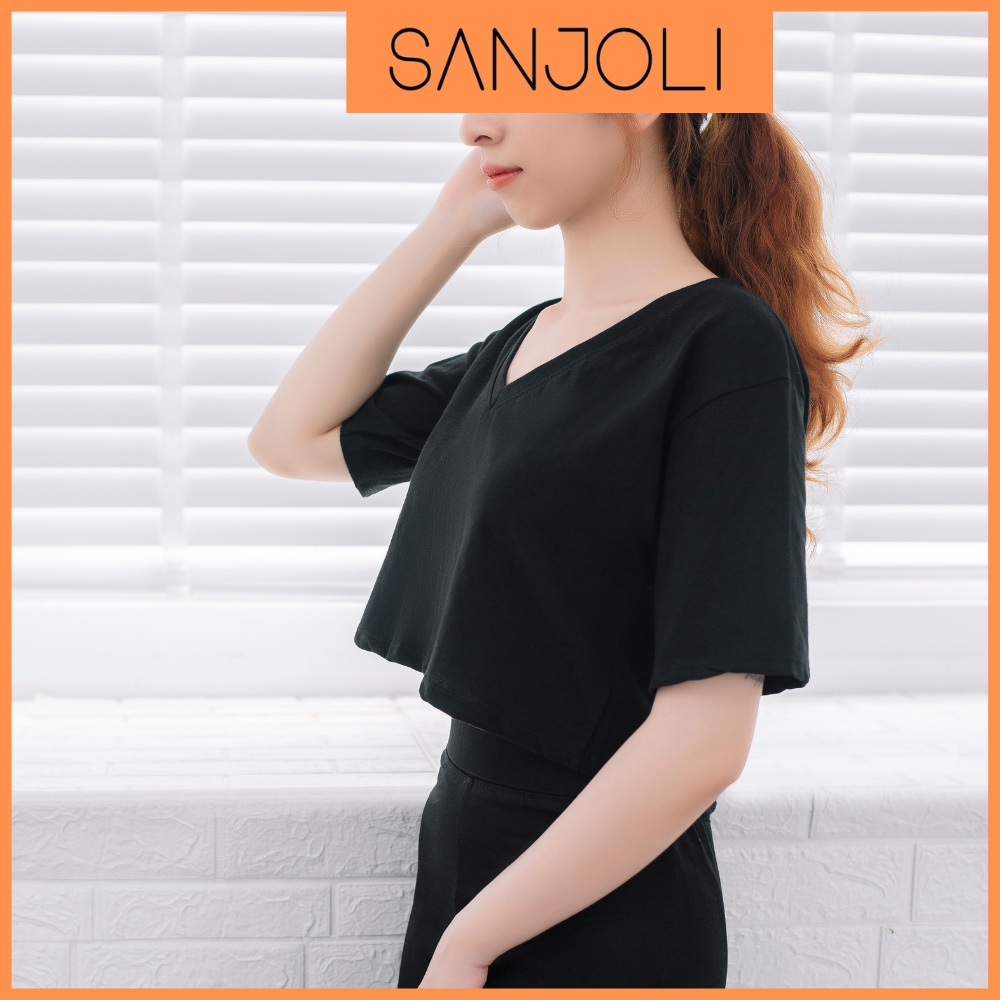 Áo Thun Croptop SANJOLI Áo Croptop Form Rộng Tay Ngắn Kiểu Nữ Cổ Tim Hàn Quốc Lửng Lỡ Đẹp Ulzzang AO007