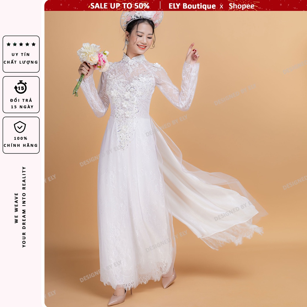 Áo dài cưới truyền thống ELY Boutique 3 lớp 6 tà kết đính hoa nổi sang trọng ELR10