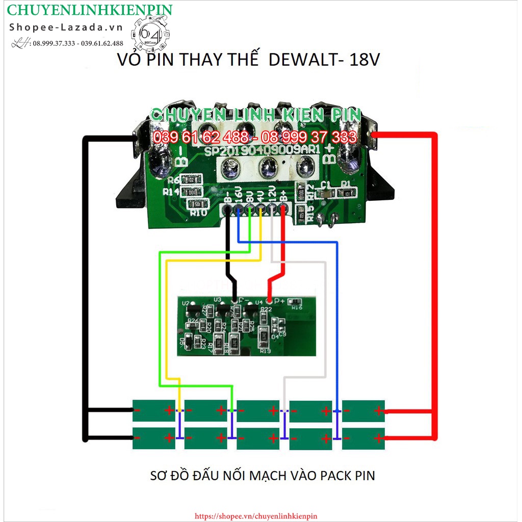 Vỏ mạch pin Dewalt 8AH 21700 20V Li-ion 2 hàng  có led báo pin, nhận sạc zin.