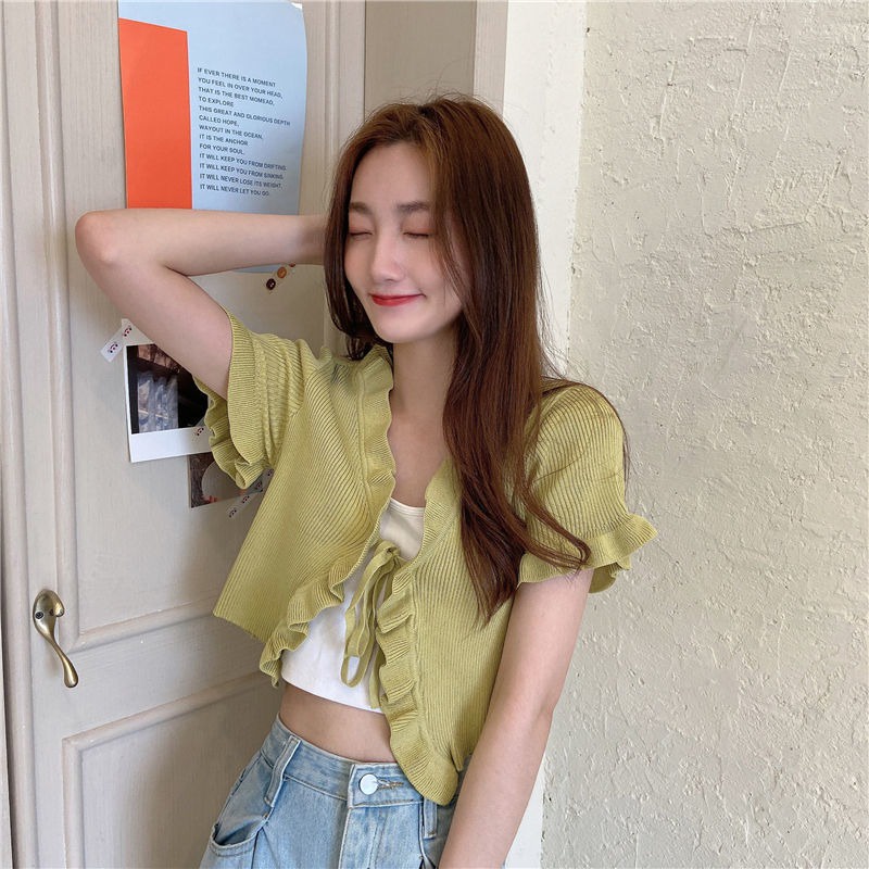 Áo Cardigan Dệt Kim Tay Ngắn Cổ Chữ V Phối Bèo Nhún Nữ Tính