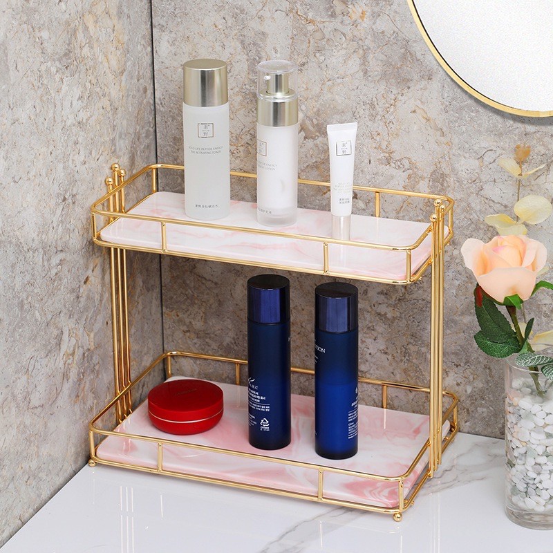 Kệ 2 tầng đĩa sứ vân đá TRẮNG, HỒNG đựng đồ trang điểm, đa năng phòng ngủ, nhà tắm [Haza Home Decor]