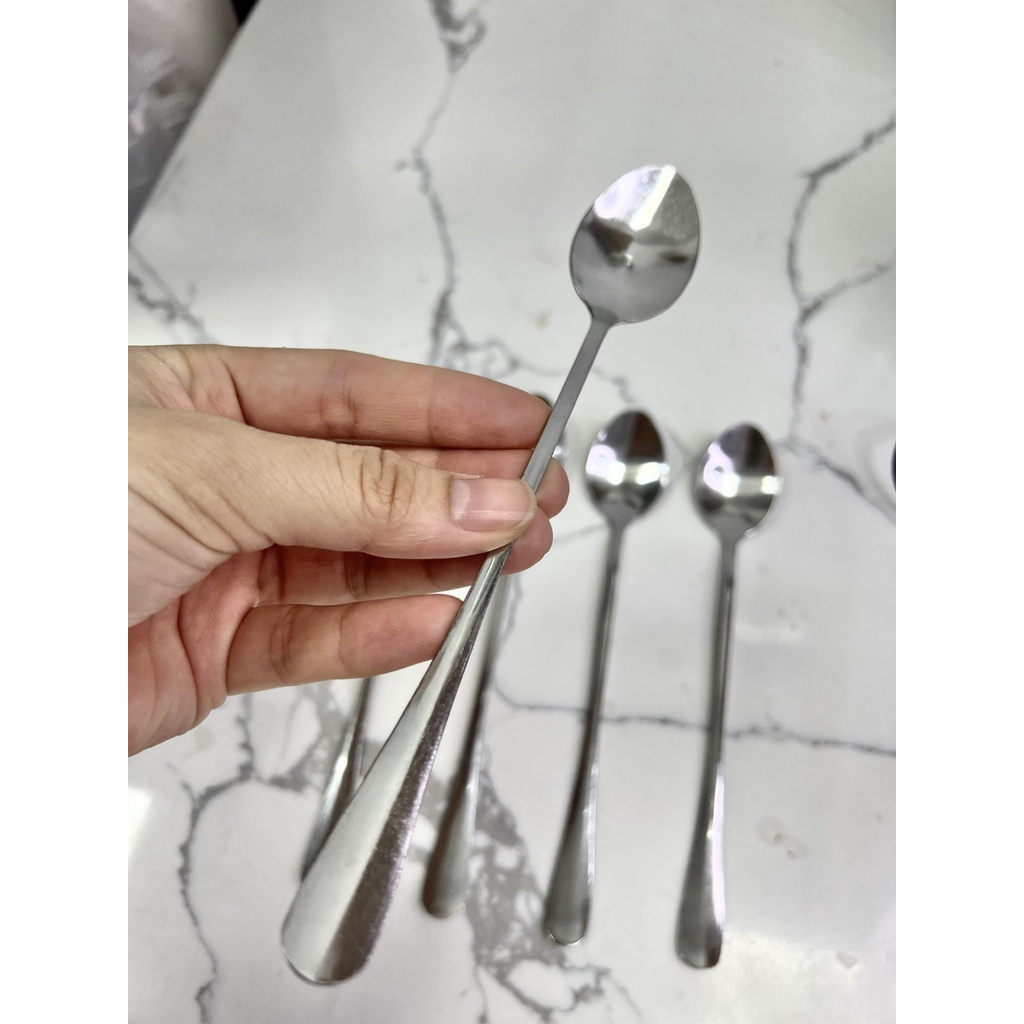 Bộ thìa muỗng inox cán dài đầu nhọn 100% inox Sài Gòn 02 sáng bóng đẹp cao cấp dày dặn dài 18,5cm