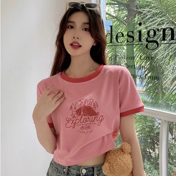 Áo thun ZHELIHANGFEI dệt kim ngắn tay cổ tròn màu tương phản thời trang dễ phối đồ