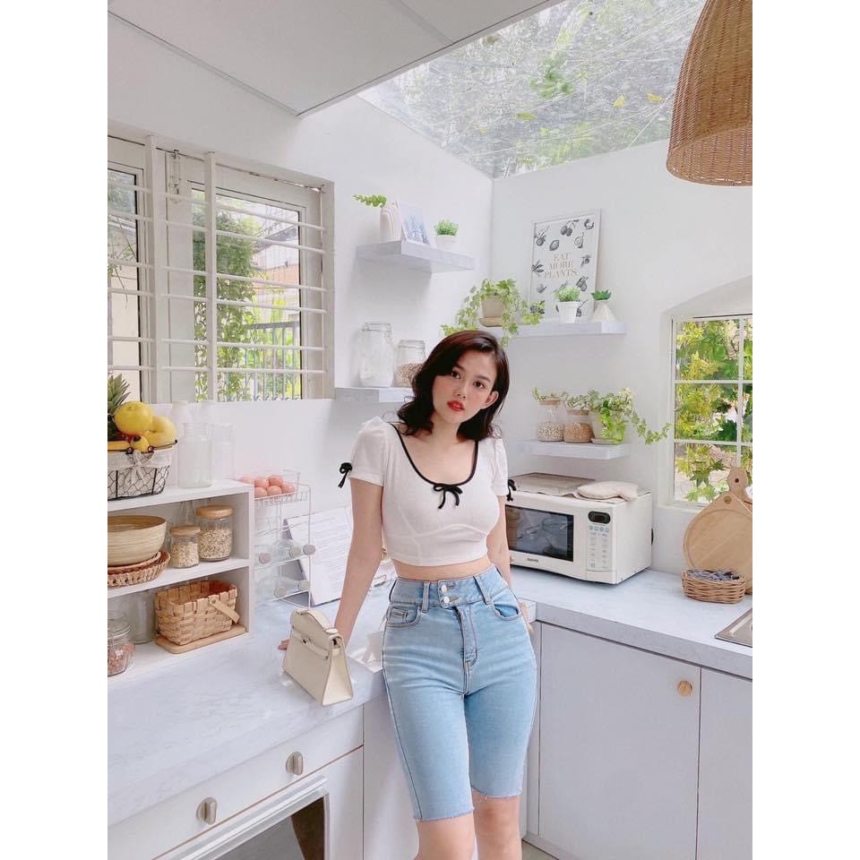Áo croptop phối đính nơ nhỏ xinh xinh, áo kiểu nữ, áo croptop siêu hot