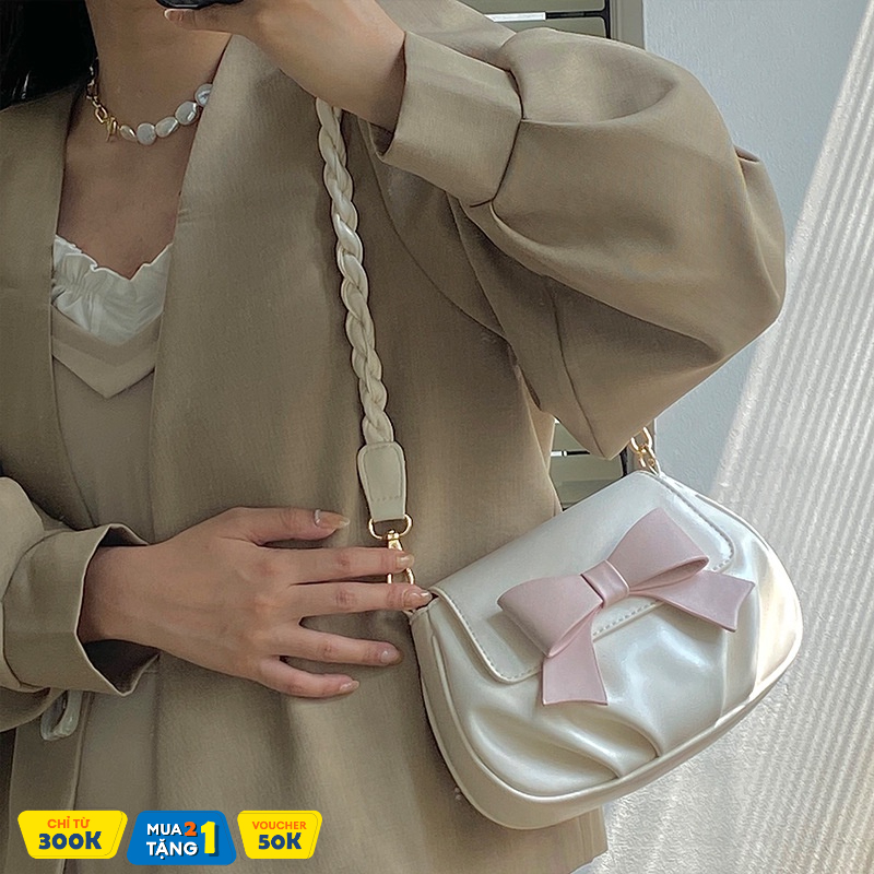 Túi Xách Nữ Đeo Chéo Đi Chơi Chất Da Phong Cách Tiểu Thư Gắn Nơ Cute