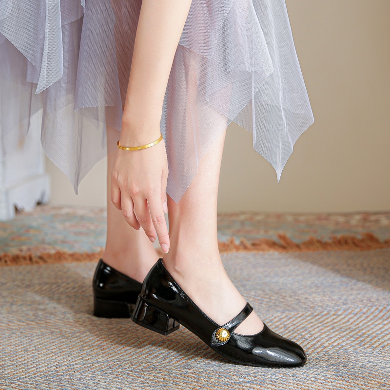 Giày Da Mũi Tròn Gót Dày Phong Cách Retro Pháp Dành Cho Nữ Size 35-42