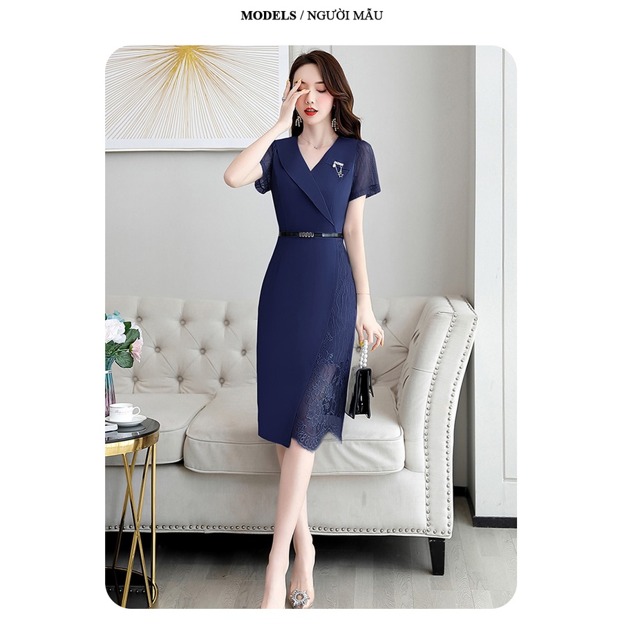 Đầm dự tiệc WOB cổ vest phối ren sang trọng phong cách Hàn Quốc vải poly dày dặn co giãn tốt HN01 - WB WOMAN & BEAUTY