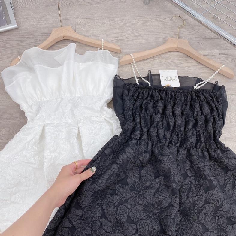 [ 𝐅𝐑𝐄𝐄 𝐒𝐇𝐈𝐏 ]  VÁY GẤM HOA XỐP NGẮN KÈM TƠ DÂY NGỌC 2 MÀU