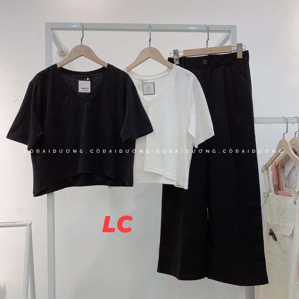 Croptop Cổ Tim Cộc Tay Basic Nữ ♥ Áo thun trơn tay lỡ hở bụng cổ V 2 màu ĐEN | TRẮNG Ulzzang SIÊU HOT ♥