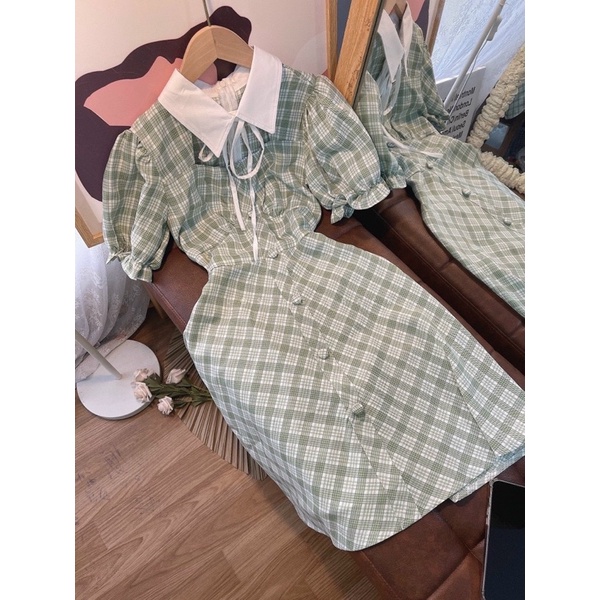 ĐẦM CARO XANH CUT OUT NGỰC CỔ SƠ MI