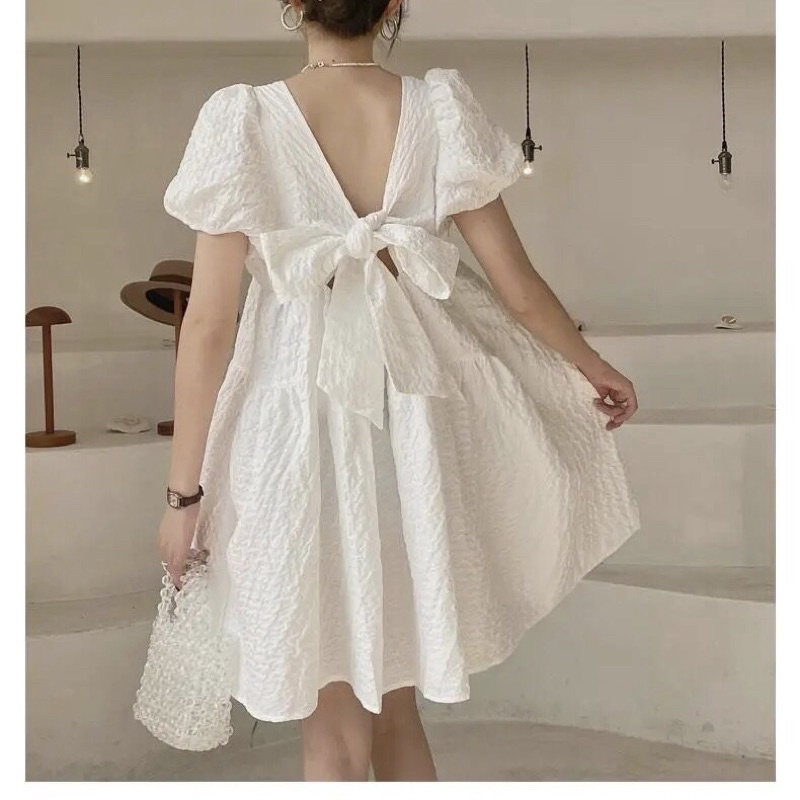 Váy Trắng xoè Thắt Nơ Sau Lưng, Đầm Trắng Dáng Babydoll xốp nhẹ bồng bềnh siêu xinh. MIALA SHOP